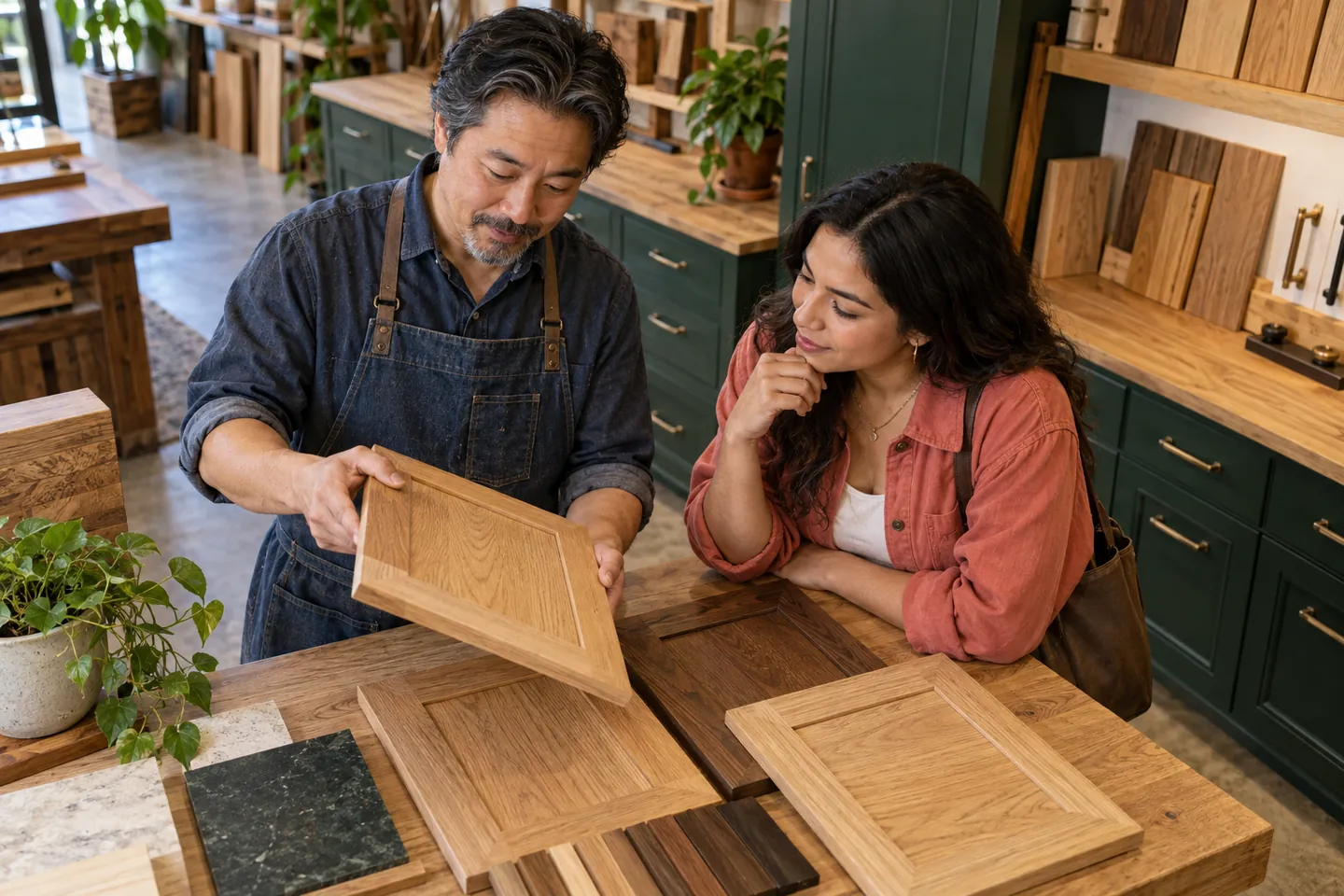 Illustrative cabinetmaker and customer comparing oak door samples in a colorful contemporary showroom