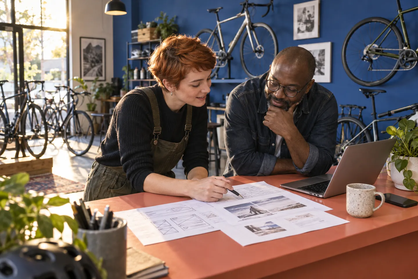 Illustrative bicycle shop owner and designer planning a website at a colorful counter