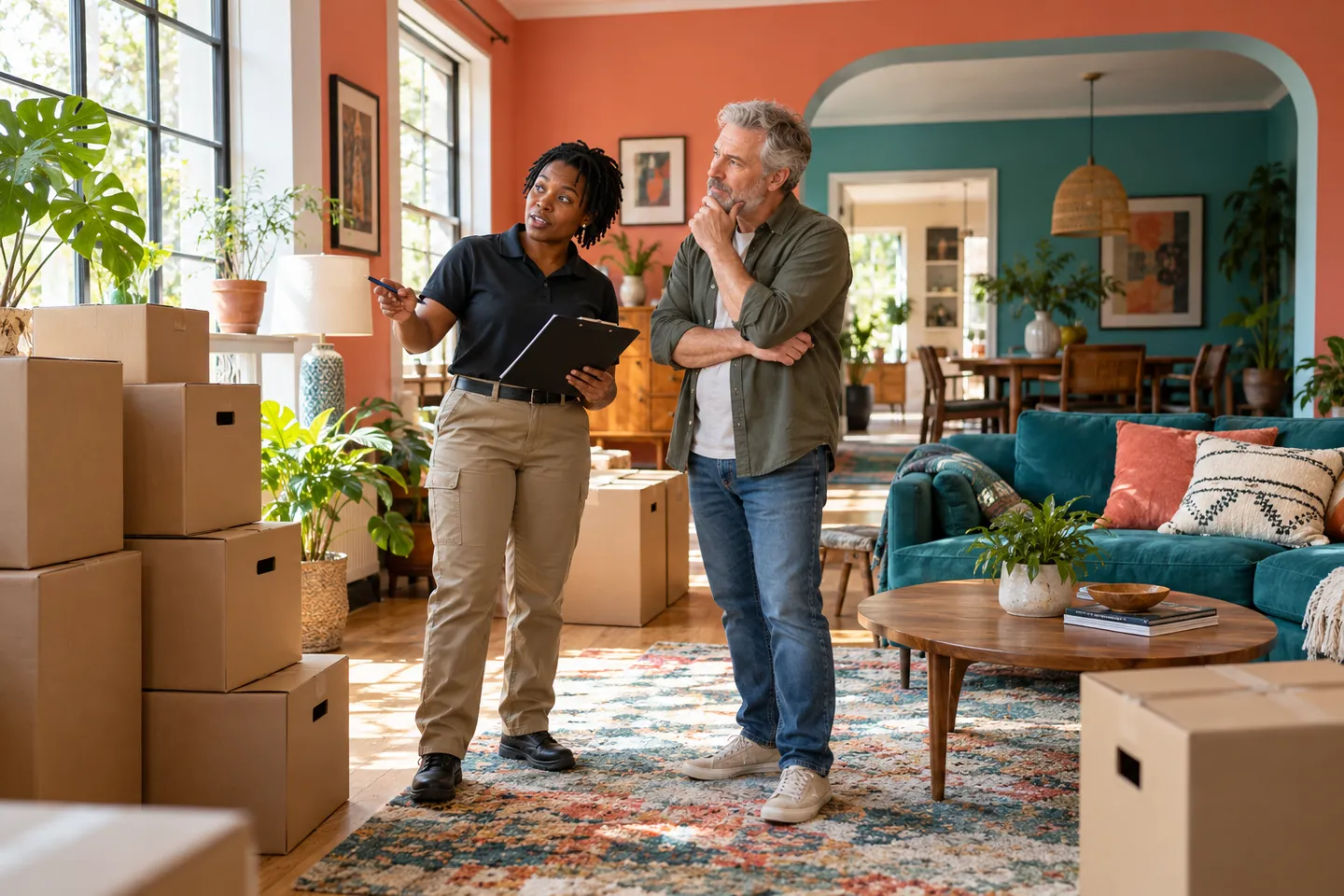 Illustrative moving coordinator and homeowner discussing an inventory beside boxes in a colorful living room