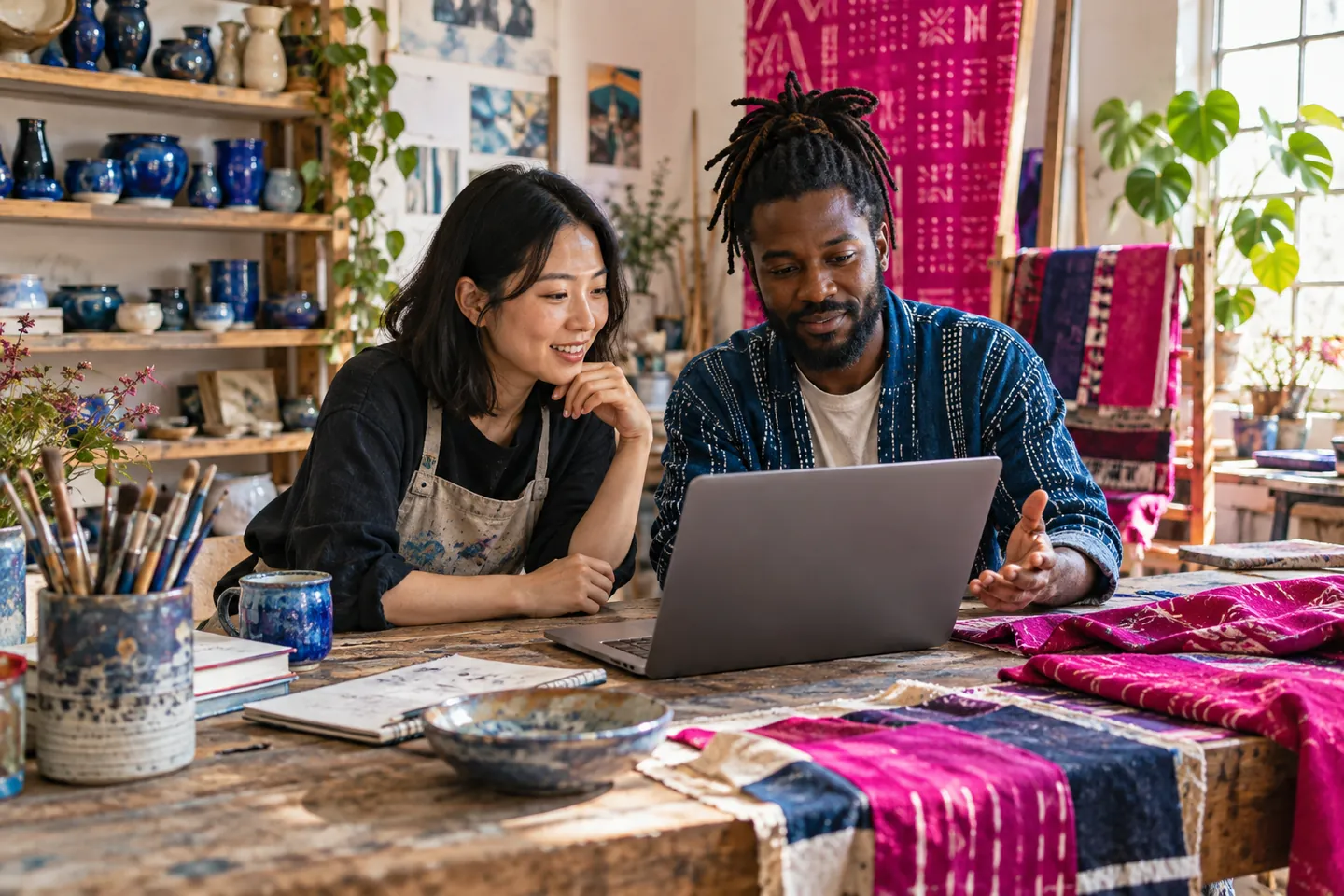 Illustrative ceramic and textile artists reviewing a portfolio website in a vibrant studio