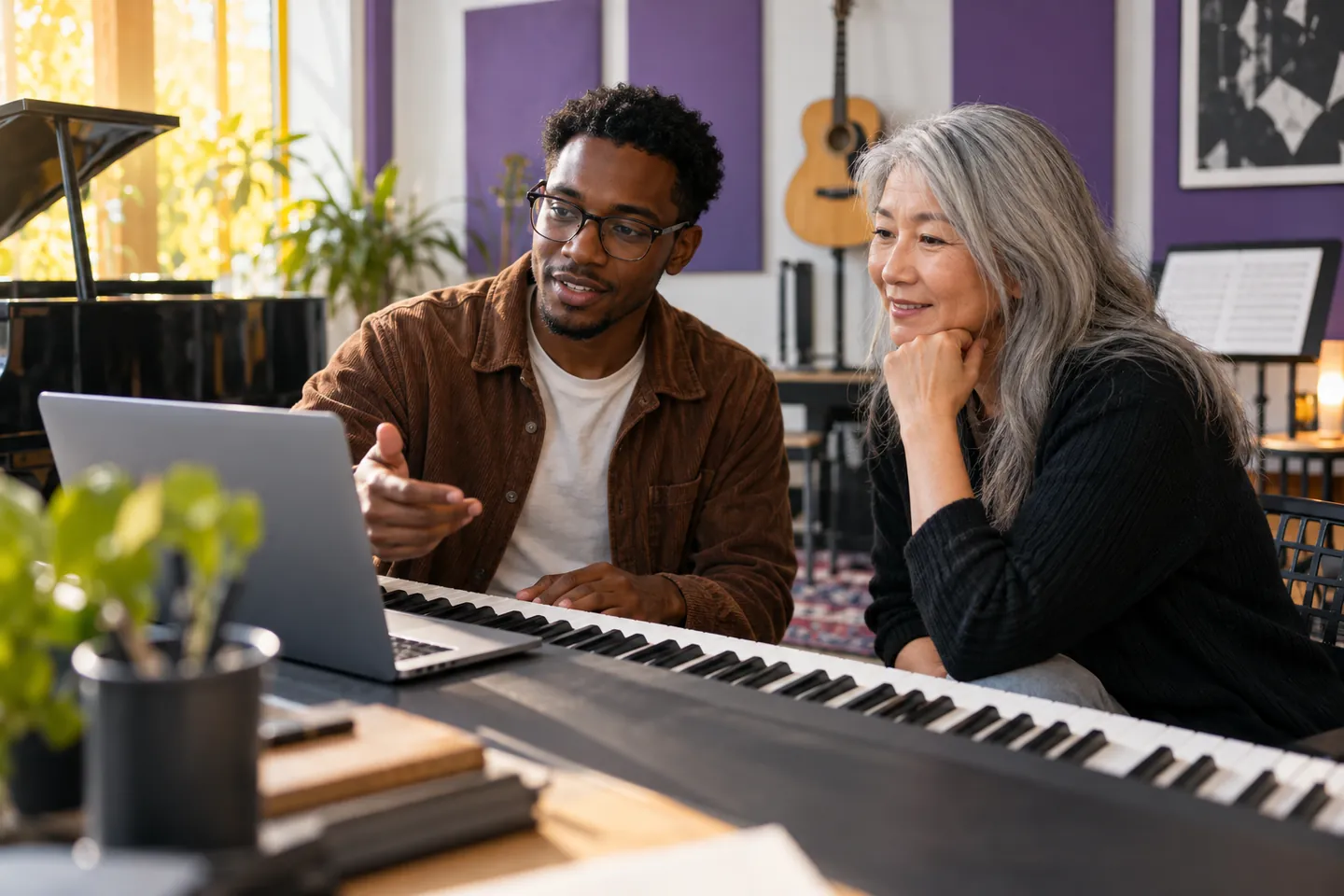 Illustrative music teacher and adult learner discussing a lesson website in a vibrant studio