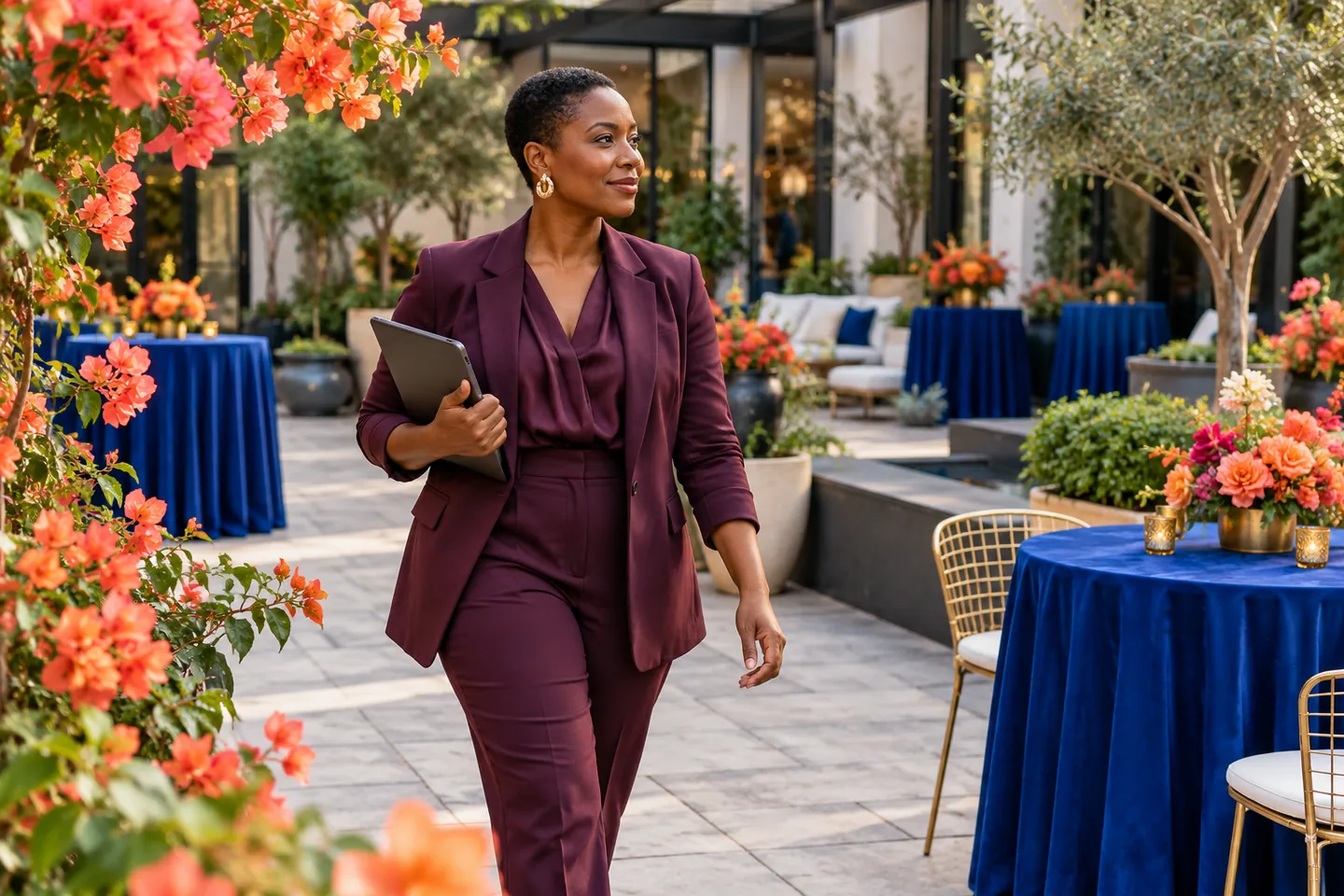 Editorial illustration of an event planner in a plum suit walking through a colorful courtyard