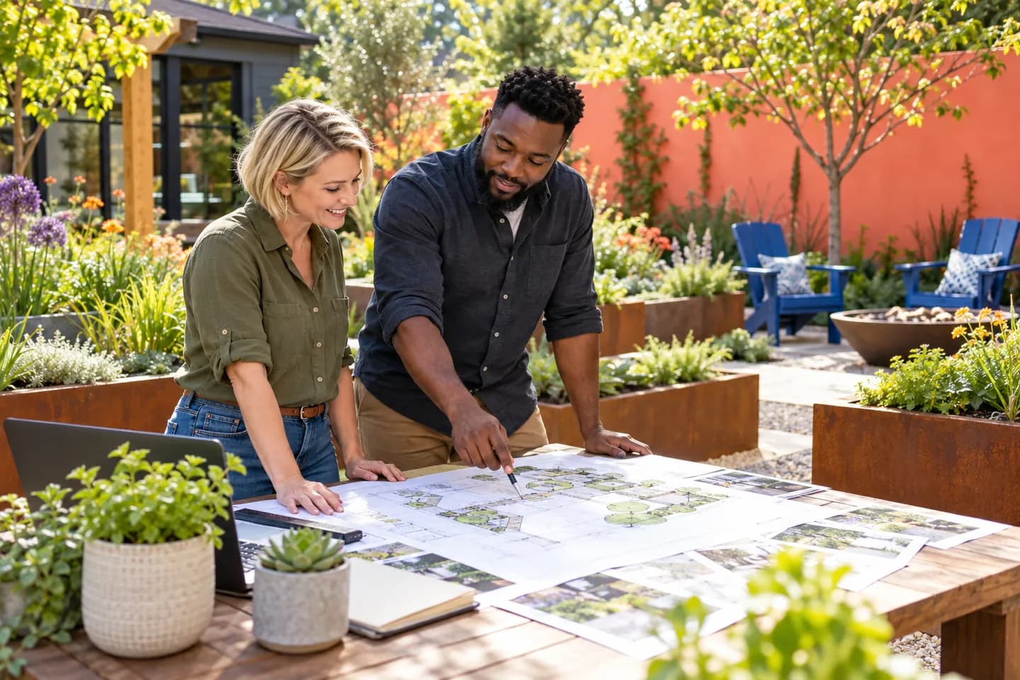 Illustrative landscaping owner and designer reviewing a plan beside colorful garden planters