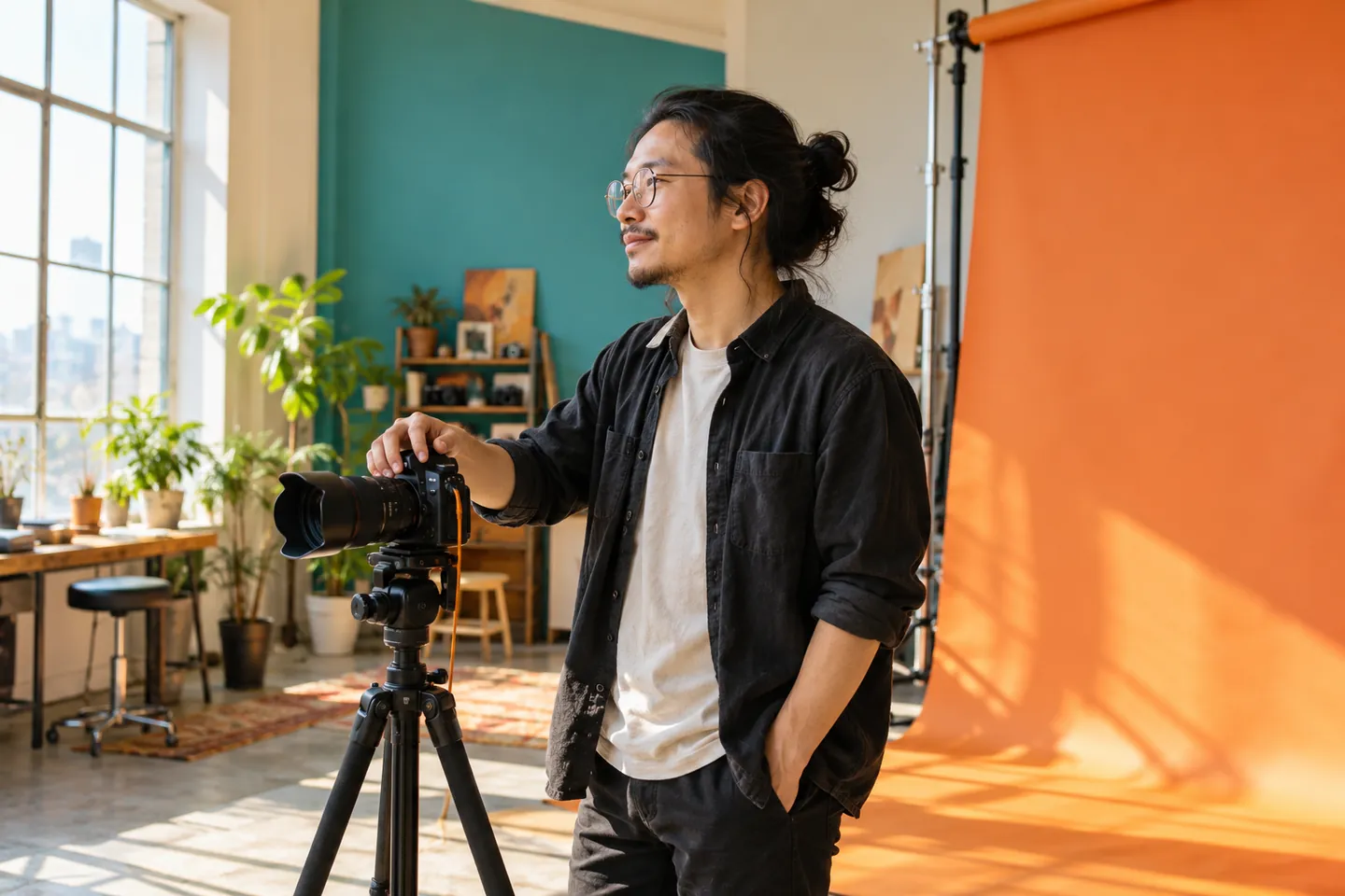 Editorial illustration of a photographer beside a camera and orange studio backdrop