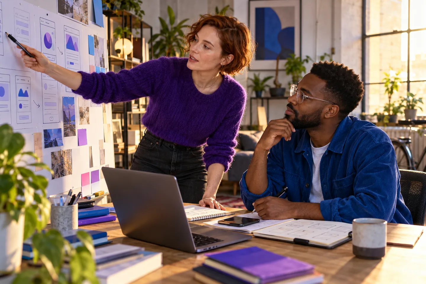 Illustrative bootstrapped SaaS founders reviewing website wireframes in a vibrant modest studio