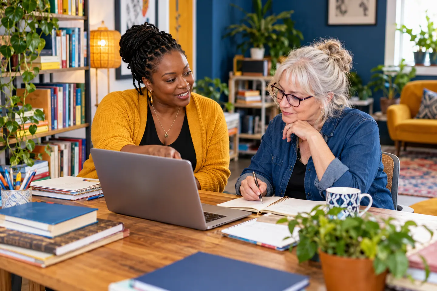 Illustrative independent tutor and adult learner reviewing lesson information in a colorful studio