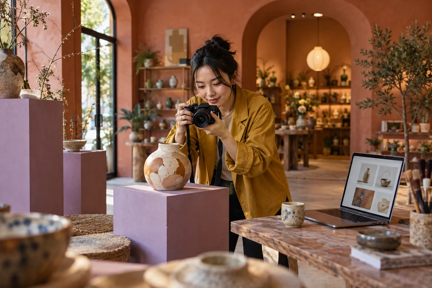 Illustrative boutique owner photographing a ceramic product in a colorful modern shop
