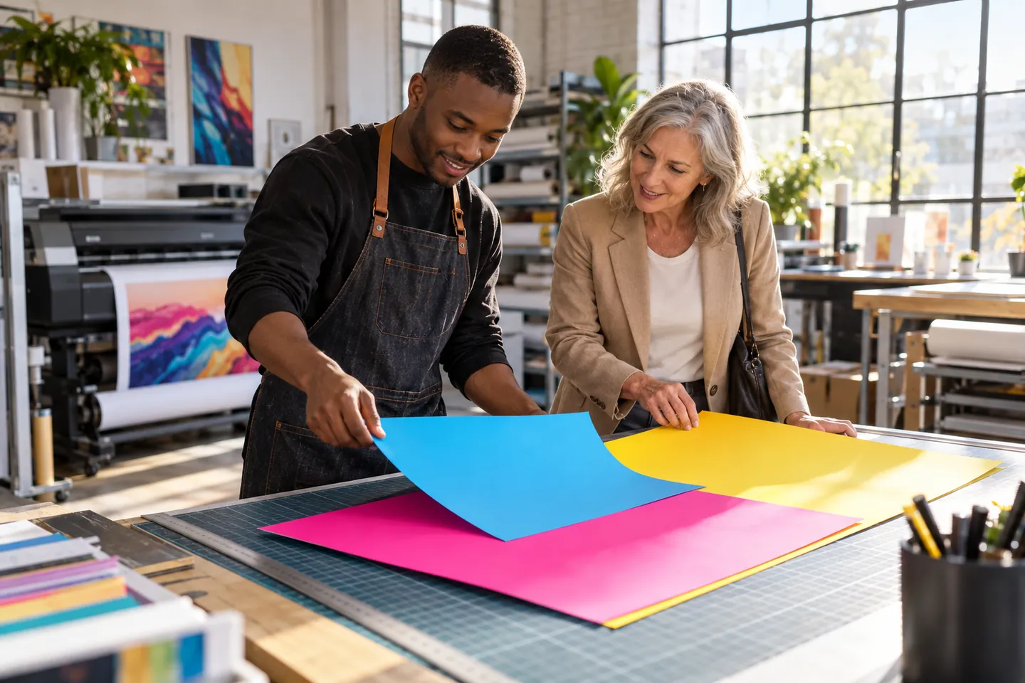 Illustrative print studio owner and business customer comparing vibrant paper samples at a production table