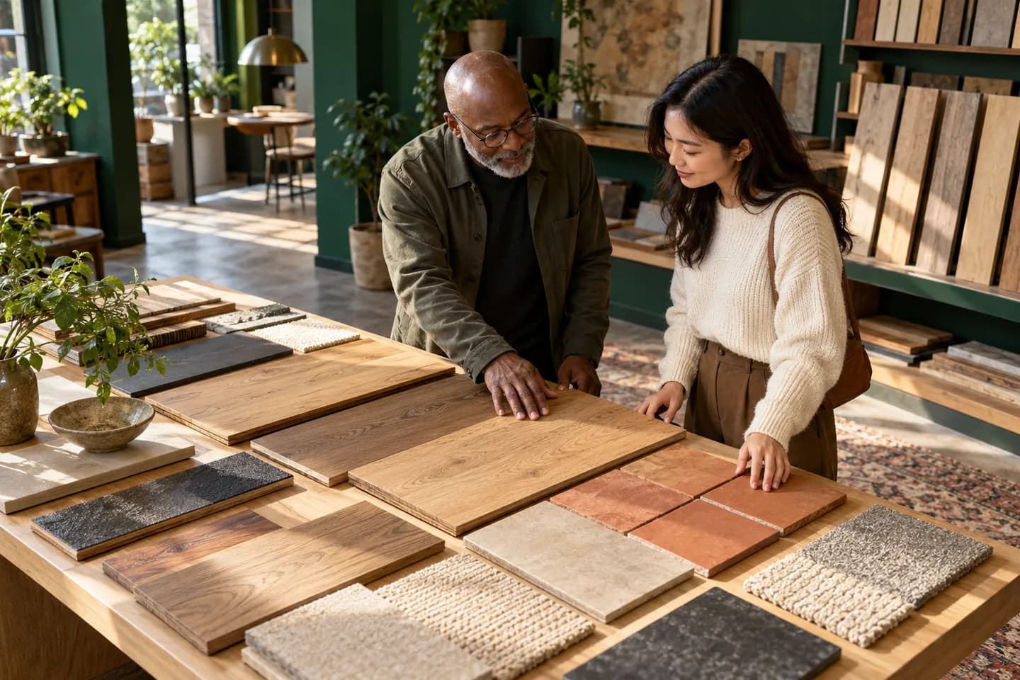 Illustrative flooring specialist and customer comparing wood and terracotta samples in a modern showroom