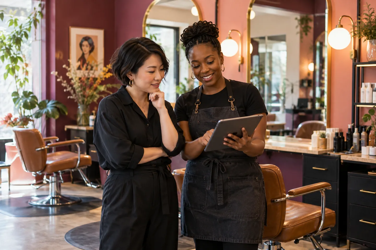 Illustrative independent salon owner and stylist reviewing an appointment page in a colorful salon
