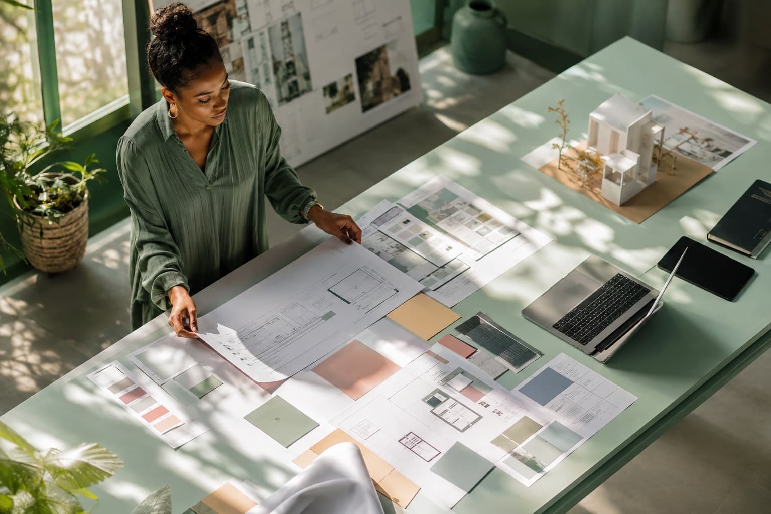 Project lead organising website plans in a sunlit design studio